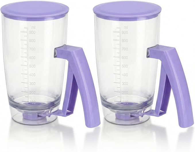 2-Pack Pancake Batter Dispenser Bottle, Squeeze Handle for Controlled Pour, Measurement Markings for Pancakes, Waffles, Brownies, Cup Cakes, Muffins & Crepes, Rinse-Wash Kitchen Tool