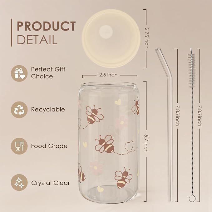 SANDJEST Bee 16oz Can Glass Tumbler with Acrylic Lid & Straw - Iced Coffee Cup for Women Girls, Aesthetic Cups Gifts for Birthday Christmas