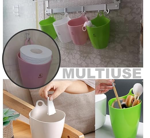 QUALIALL Declutter and Organize with Our Hangable Desktop Trashcan - Small, Multifunctional, and Stylish - Perfect for Makeup Brushes, Lint, and More! Plastic Pink Green White, 3packs