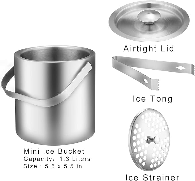 LUCKYGOOBO Mini Ice Bucket Portable Double Wall Ice Bucket with Tong,Stainless Steel Hotel Bucket/Champagne/Beverage Bucket,Size 1.3 Liters 5.5 x 5.5 in,Serveware for Party,Event,and Camping.