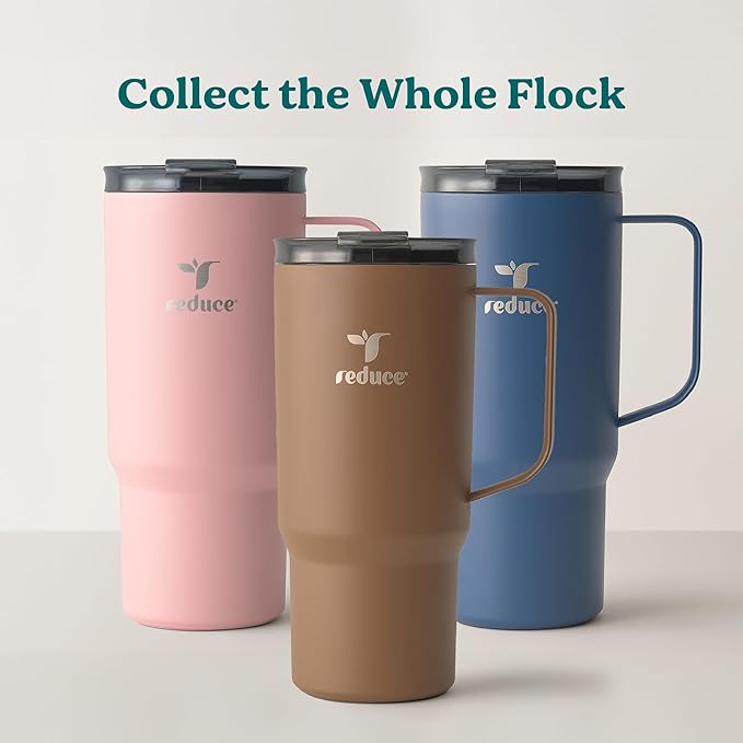 REDUCE 24 oz Hot1 Vacuum Insulated Mug for Hot Tea, Coffee and Other Hot Drinks - With Flo-Motion Lid and Handle, Single-Serve and Cupholder Friendly, Keeps Drinks Hot for up to 8 Hrs, Baked Clay