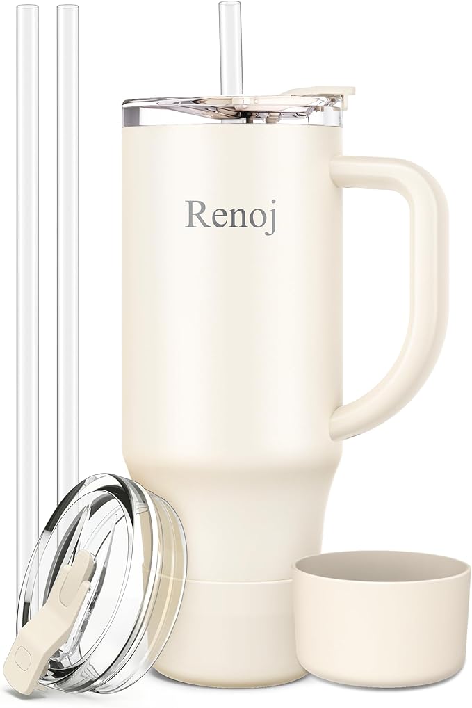 Renoj Insulated Mug 100% Leak Proof Insulated Water Bottle for Iced Coffee & Hot Drinks - Fits Car Cup Holder, Ideal Gift, 2 Straws & Silicone Boot - SnapShift White 40 oz