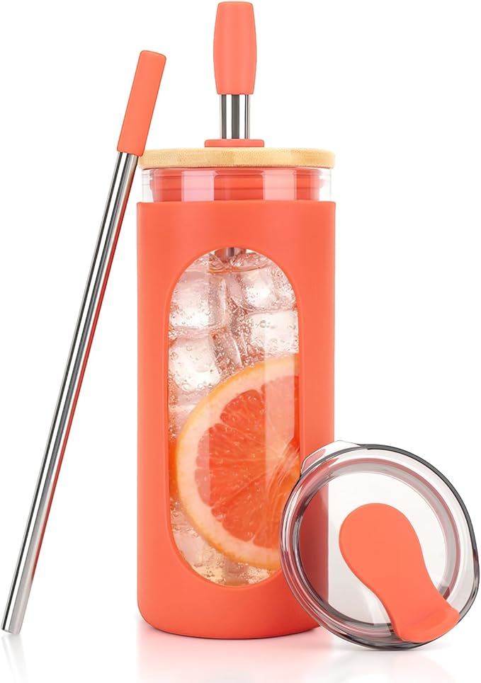 Sursip 20 oz Glass Tumbler with Lids and Straws, Reusable Borosilicate Glass Iced Coffee Cup with Bamboo Lid for Smoothie Boba Juice,Travel BPA-Free - Orange