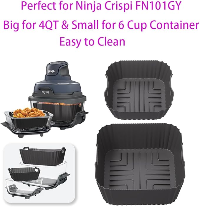 FN101GY Air Fryer Silicone Liners for Ninja Crispi FN101GY/FN101SG/FN101ST, Non-Stick Glass Air Fryer Accessories Reusable Airfryer Replacement,Big for 4QT & Small for 6 Cup Container