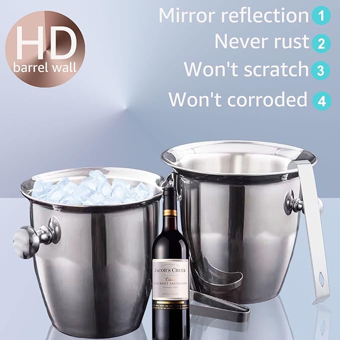 Ice Buckets - Champagne Ice Bucket with Tongs, Silver Trumpet Ice Bucket Stainless Steel Mirror Reflection Wine Cooler for Wedding Bar Beer Red Wine Liquor Beverages Party, Ice Frozen Longer,2.5L