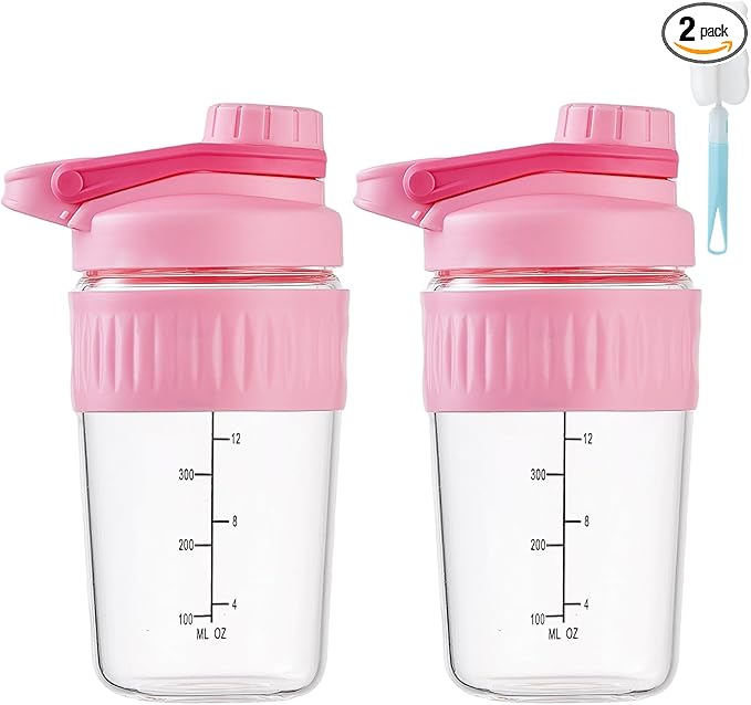 16oz Glass Shaker Bottle for Protein, 2 Pack Small Borosilicate Glass Protein Powder Leak-Proof Shaker Cup Mixes with 304 Blending Ball(16oz,Pink)