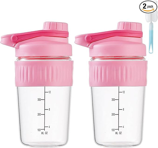 16oz Glass Shaker Bottle for Protein, 2 Pack Small Borosilicate Glass Protein Powder Leak-Proof Shaker Cup Mixes with 304 Blending Ball(16oz,Pink)