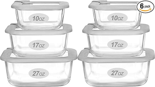 Glass Food Containers with Glass Lid, Microwave Safe Food Storage Container Set, 6 Pack Square Shape, Large Size Airtight Storage Set with Leak Proof Lids, Meal Prep Containers
