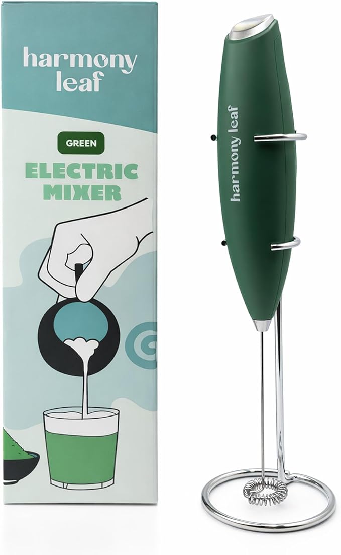 Harmony Leaf Handheld Milk Frother, Stainless Steel Electric Drink Mixer with Stand, Battery Operated Coffee Frother for Lattes, Matcha, Hot Chocolate and More, Green