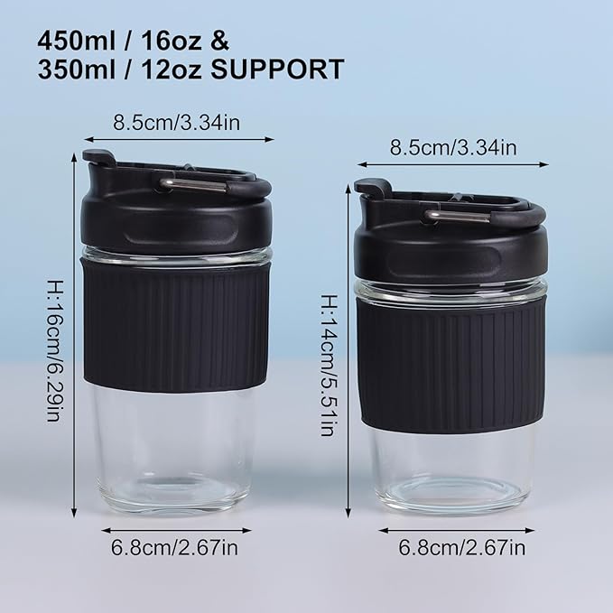 Sivaphe Reusable Glass Ice Hot Coffee Cup 12 oz, Portable Travel Mug with Spill-Proof Lid and Thermal Sleeve for Home Office Black