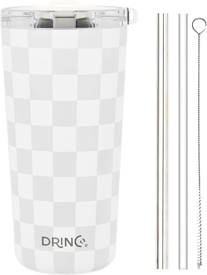 Drinco - 20 oz Stainless Steel Tumbler | Double Walled Vacuum Insulated Mug With Lid, 2 Straws, For Hot & Cold Drinks (20oz Checker)
