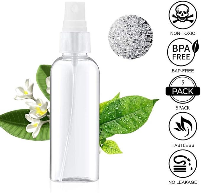 DreiWasser Small Spray Bottle for Essential Oils, Perfumes and Cosmetics, Clear Empty Plastic Bottle for Travel, Cleaning, Gardening, Skin Care (5 * 3.4oz)