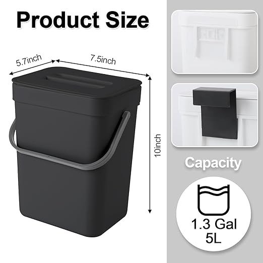 1.3 Gallon/5L Kitchen Compost Bin, Suitable for Countertops or Under Sink, Hanging Hook Trash Can with Lid, Ideal for Cabinets/Bathrooms/Bedrooms/Offices/Camping (Black)