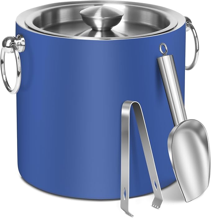 Ice Bucket with Lid & Tong- Well Made Insulated Stainless Steel Keep Ice Frozen Longer - Ideal for Cocktail Bar, Parties, Chilling Wine, Champagne - 3 Liter (Blue)