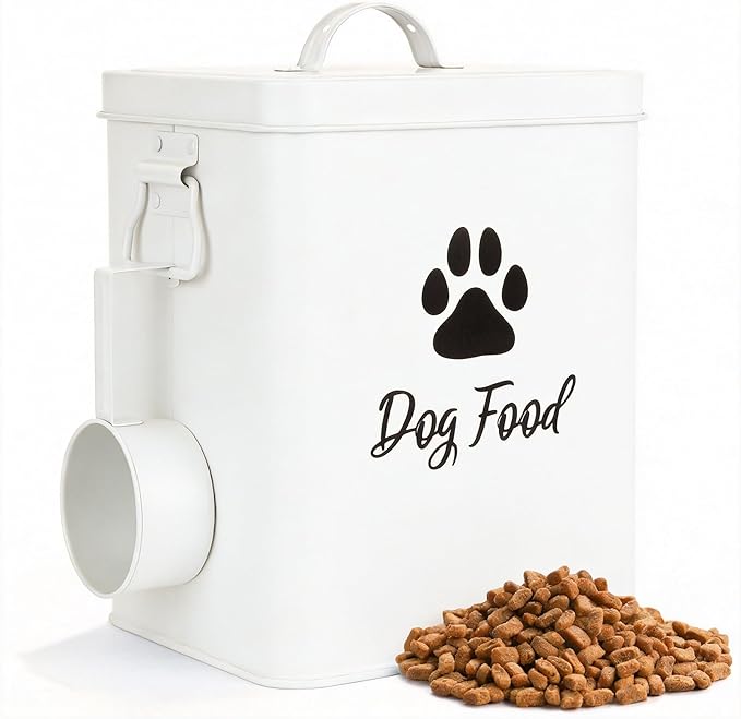 Dog Food Container 6.6lb, Cute Airtight Pet Treat Storage Containers with Metal Lid Scoop, Metal Storage Bin for Dog/Cat Durable Airtight Great Gift for Pet Owners-White