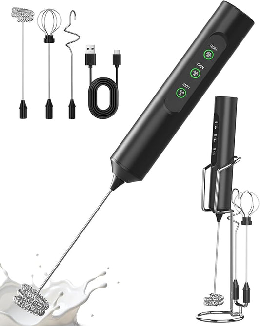 Rechargeable Milk Frother Handheld with 3 Speed, 3 Detachable Whisks with Stand, Electric Coffee Drink Mixer Wand for Cappuccino, Latte, Matcha, Hot Chocolate, Eggs,Protein Black