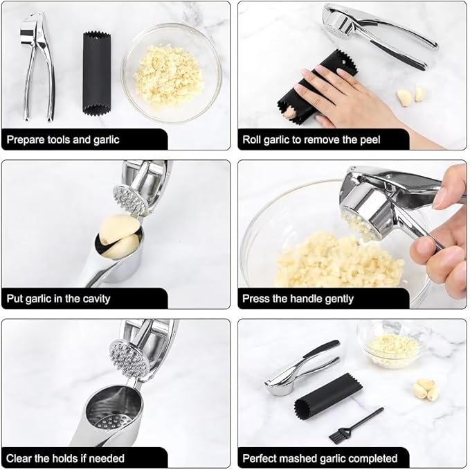 Professional Garlic Mincer Tool - Easy-Squeeze, Easy-Clean with Soft, Ergonomic Handle - Silicone Garlic Peeler & Brush