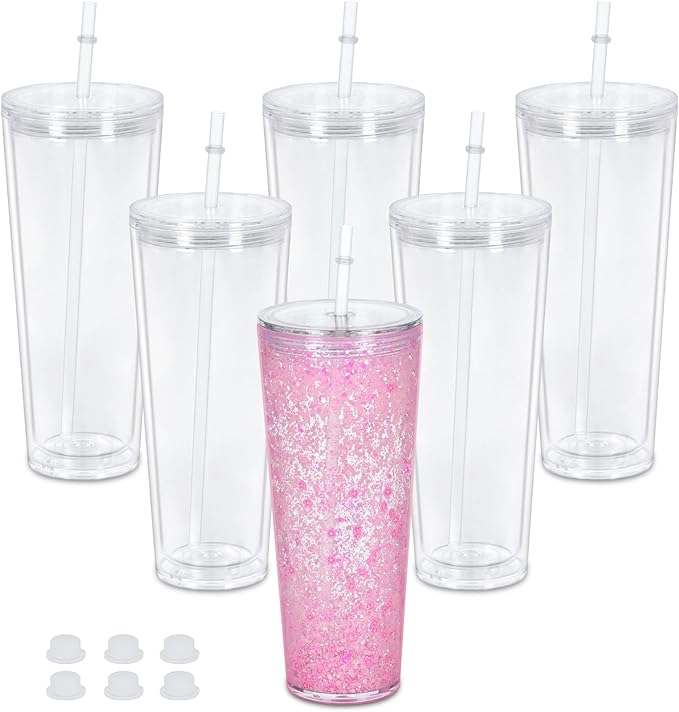 24 Oz Acrylic Snowglobe Tumbler, 6 Pack Pre-Drilled Double Wall Acrylic Clear Cup For Glitter Snow Globe Diy, Double Wall Snowglobe Cup