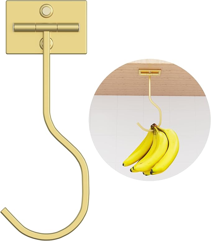 bussdis Under Cabinet Banana Hook Adhesive: Foldable Banana Hanger, Gold Metal Banana Holder for Kitchen & RV, Space-Saving Design, Folding with Magnets When Not in Use, Keep Bananas Fresh