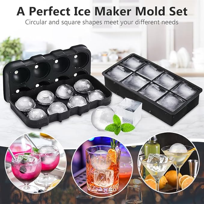 2-Inch Silicone Ice Cube Tray with Lid - Large Sphere Ice Mold & Square Ice Cube Maker for Whiskey, Cocktails, Bourbon - Easy Release, BPA Free, Set of 2