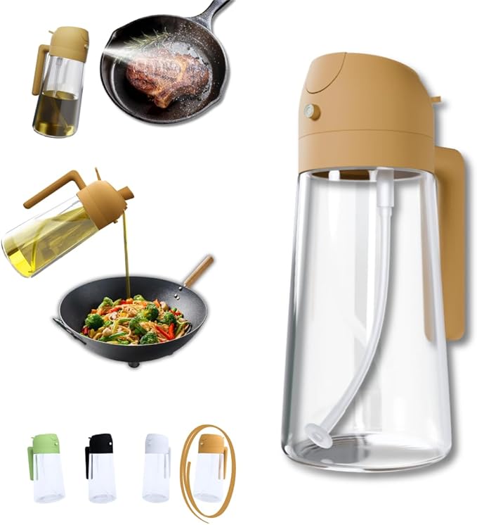 2-in-1 Oil Dispenser and Sprayer, 16oz/470ml Glass Olive Oil Sprayer for Cooking, Leakproof and Refillable Oil Mister for BBQ, Salad, and Baking (Orange)
