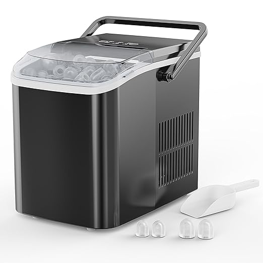 NEWBULIG Ice Makers Countertop with Handle, Portable Ice Machine, 9 Bullet Ice Cubes in 6 Mins, 26lbs in 24Hrs, Auto-Cleaning, with Basket and Scoop, for Home, Kitchen, RV, Camping,Black