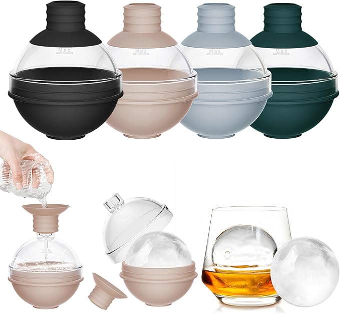 Large Ice Ball Molds for Whiskey & Cocktails with Funnel Lid - Big Sphere Ice Cube Trays for Drinks, Bourbon, and Wine, Silicone Round Ice Maker for Freezer (Set of 4) - Reusable Easy-Release Ice Tray
