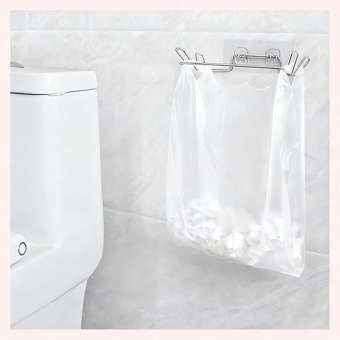 Stainless Steel Trash Bag Holder, Hanging Trash Can Rack for Cabinets/Door/Cupboards/Wall, Plastic Bag Holder with 3Pcs Adhesive Wall Sticker, Kitchen Under Sink Dishcloth Rack
