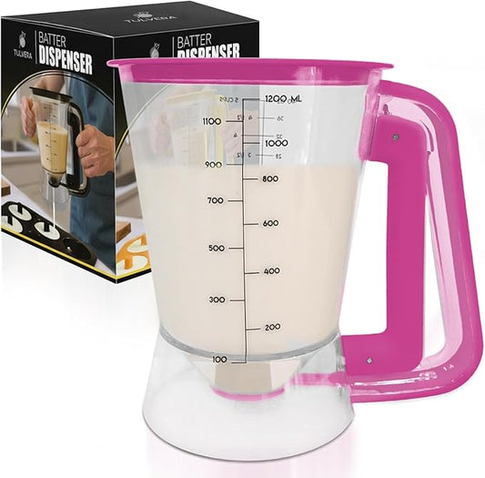 Pancake Batter Dispenser | 5-Cup Mix Pourer for Pancakes, Waffles, Crepes, Muffins, Cupcakes | Squeeze Handle, Portion Control Pitcher, Durable Drip-Free Design | Baking Accessories (Raspberry Purple)
