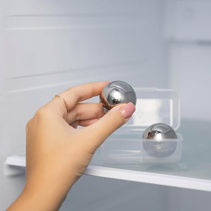 Outset Stainless Steel Ice Cube Spheres, Set of 2 Round Reusable Metal Whiskey Stones with Store Box, 1.57"