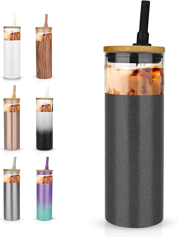 Tronco 20 oz Vacuum Insulated Glass Tumbler with Lid and Straw - Keeps Drinks Cold for 12 Hrs - Reusable Glass Cup for Iced Coffee, Smoothies & Boba - Sweat & BPA Free, Dishwasher Safe, Fit Car Holder