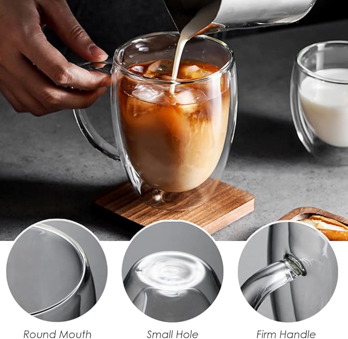 12 oz/350ml Double Walled Glass Coffee Mugs, Glass Coffee Cups Set of 4, Insulated Borosilicate Clear Glasses, Espresso Cappuccino Latte Tea Cups with Handle for Latte, Hot/Cold Drink