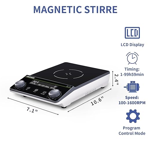 Magnetic Stirrer 5.9 inch Magnetic Stir Plate with stir bar LCD Display 100-1600RPM Max Stirring Capacity 5000ml Digital Magnetic Stir Plate Magnetic Mixer Lab Stirrers(No Heating)
