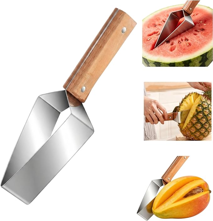 Triangle Watermelon Cutter, Wooden Handle & Stainless Steel Melon Slicer, Fruit Cutter Slicer for Home Kitchen Camping Picnic (1 Pcs)