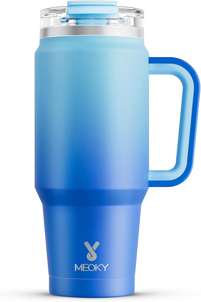 Meoky 32 oz Tumbler with Handle, Insulated Tumbler with Lid and Straw, Stainless Steel Travel Mug, Keeps Cold for 24 Hours, 100% Leak Proof, Fits in Car Cup Holder (Sky)