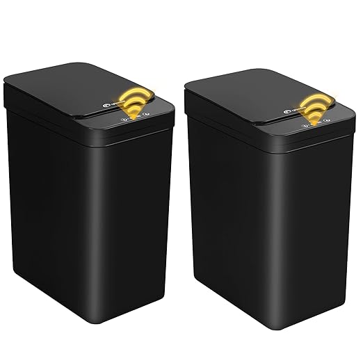 2 Pack Touchless Bathroom Trash Can for Kitchen Hanging Trash Can 2.6 Gallon Automatic Motion Sensor Rubbish Can Narrow Small Garbage Bin for Kitchen, Toilet, Bedroom, RV(Black,Battery)