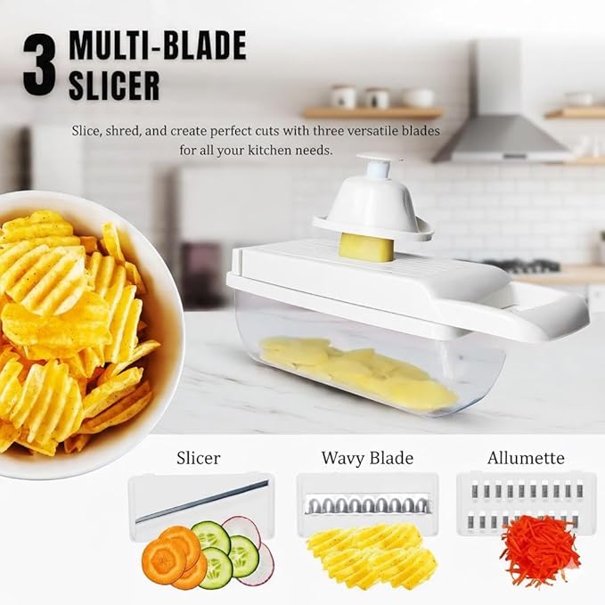 Kalmat Dynamics Food Chopper and Vegetable Slicer, 16-in-1 Multi-Function Kitchen Chopper with 7 Blades and Container, Free Black Cooking Apron (White + Black)