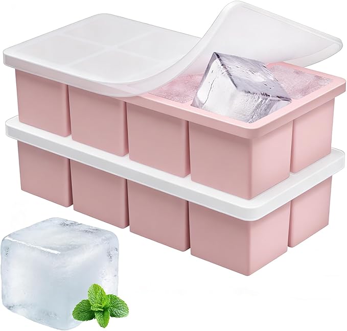 Large Ice Cube Molds, 2 Pack Easy Release Ice Trays for Freezer with Lid, Stackable Square Big Silicone Ice Cube Tray BPA Free Slow Melting for Bourbon Whiskey, Cocktails, Iced Coffee (Pink)