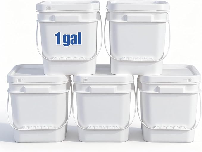 ASEVAT 5 Pcs 4 Liter (1 Gallon) Square Food Grade Bucket with Lid, White Plastic Pail with Handle for Storing Dry Food, Camping, Fishing