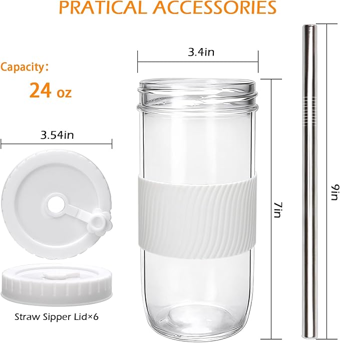 Mapoxy 6 Pack 24oz Mason Jar Cups with Lids and Straws, White Boba Cups Set, Glass Drinking Jars for Bubble Tea, Smoothie, Iced Coffee, Complete with Sleeves, Dishwasher Safe Reusable Tumbler