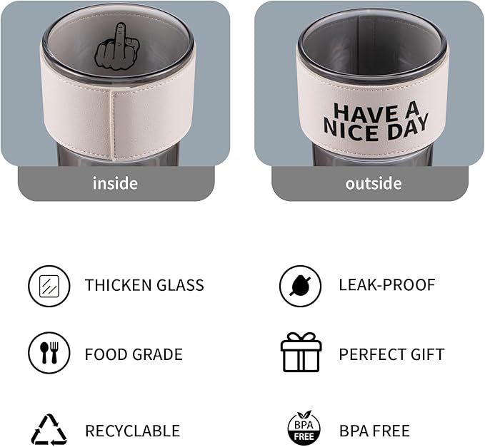BLUEPOLAR 13oz/400ml Glass Water Tumbler with Straw and Lid Sealed Carry on Thick Wall Iced Coffee Cup for Water, Iced Tea, Fruit Juice (Have a Nice Day)