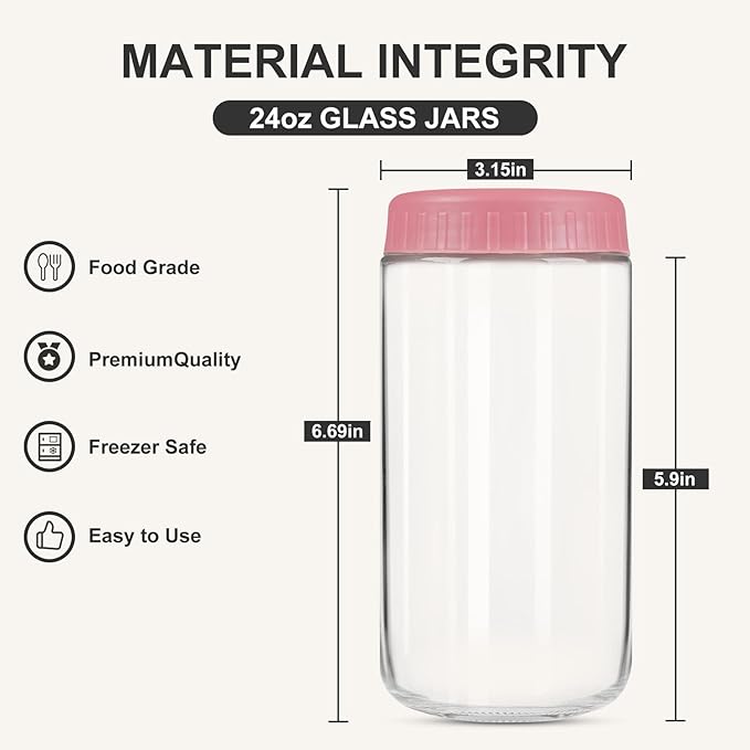 SHOWIN Overnight Oats Containers with Lids, 24oz Glass Jars with Lids 8 pcs, Wide Mouth Mason jars for Salad, Yogurt, Snacks, Meal Prep