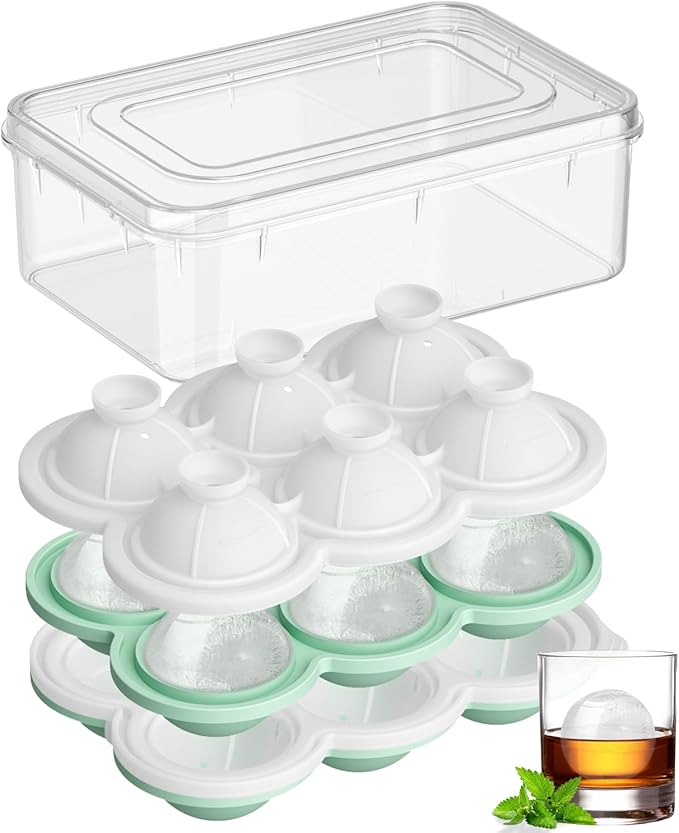 Ice Cube Trays with Lid and Bin, 2 Pack - Large Silicone Sphere Ice Ball Maker for Whiskey, Cocktails, and Chilled Drinks - Easy-Release, Reusable, BPA-Free Design