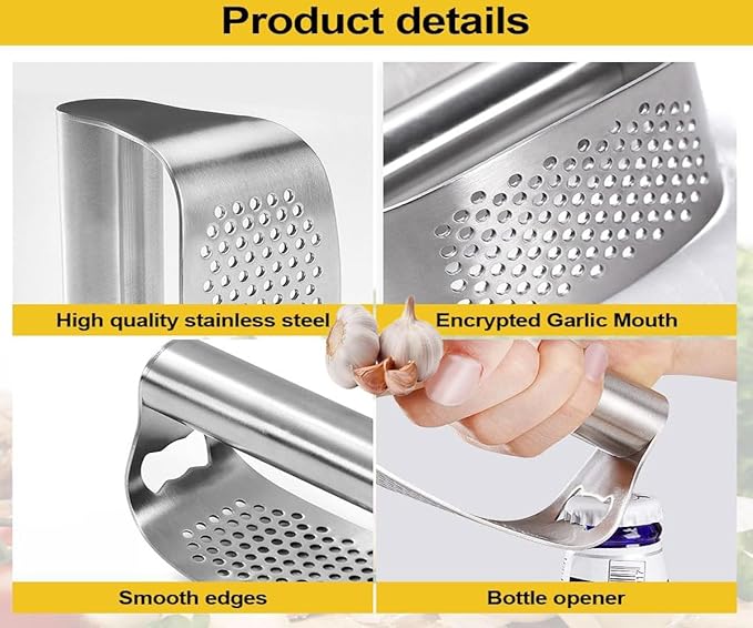 Garlic Presses,Stainless Steel Garlic Presser, Garlic Press Rocker Heavy Duty Stainless Steel Garlic Mincer, Garlic Chopper with Peeler And Cleaning Brush for Smash Garlic Kitchen Tools(2Set)