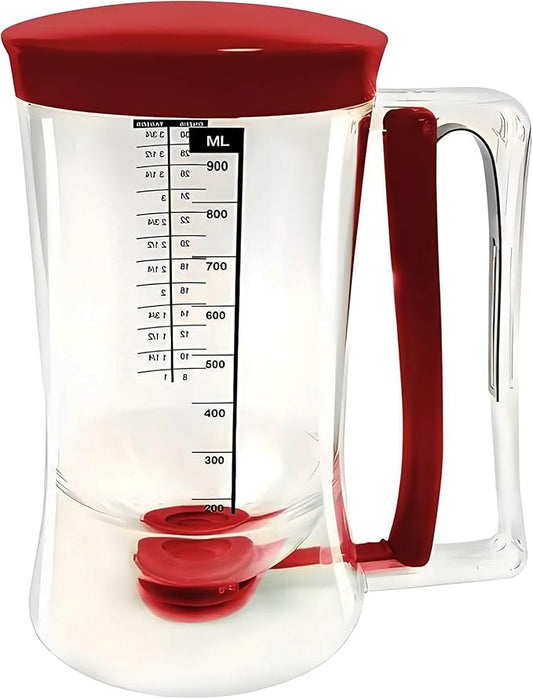 Pancake Batter Dispenser with Measuring Label, 4 Cup Capacity, 900ml With Squeeze Handle Kitchen Dispenser Bottle for Pancakes, Waffles, Muffins (Red)