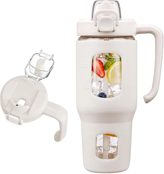 32oz Glass Tumbler with Straw Handle and 2-IN-1 Sip & Spout Lid, Reusable Iced Coffee Cup for Smoothie, Matcha, Milkshake, Leakproof Glass Water Bottle with Straw and Silicone Sleeve, BPA Free-White