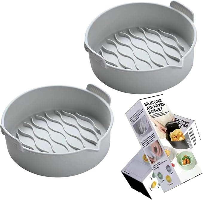 Silicone Air Fryer Basket Liners Pots, Gray, Non-Stick Cooking Inserts with Wave Pattern Design, 2 Pack (6-8 QT)