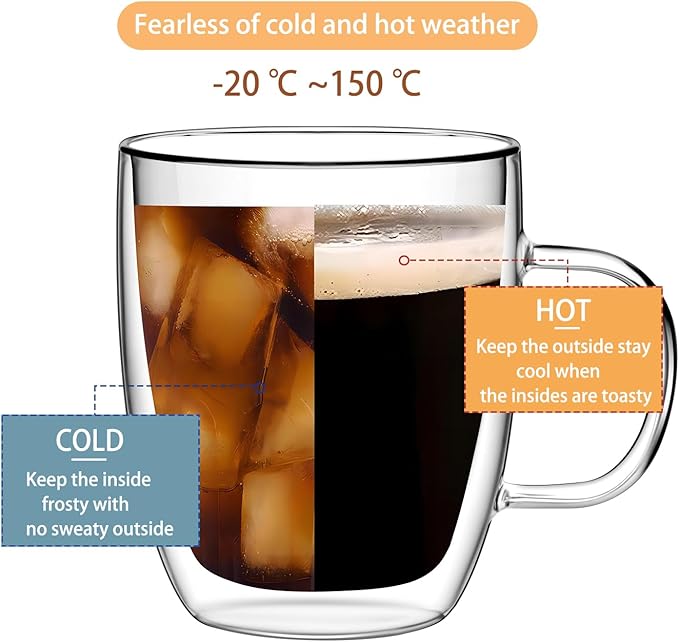 Double Wall Glass Coffee Mugs 450ml / 15oz – Set of 2 Insulated Clear Cups for Espresso, Latte, Cappuccino, Tea, Hot or Cold Drinks (15oz set of 2)