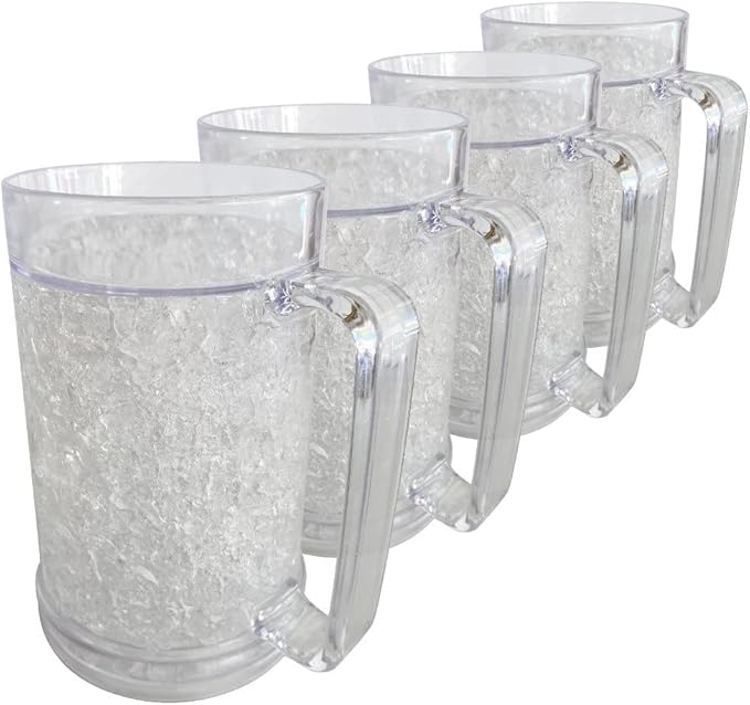 Lily's Home Freezer Beer Mugs with Handles, 16 oz Set of 4 – Clear Frosted Double Wall Insulated Acrylic, Gel-Filled, Break-Resistant for Home Bar, Pool Parties, BBQ & Outdoor