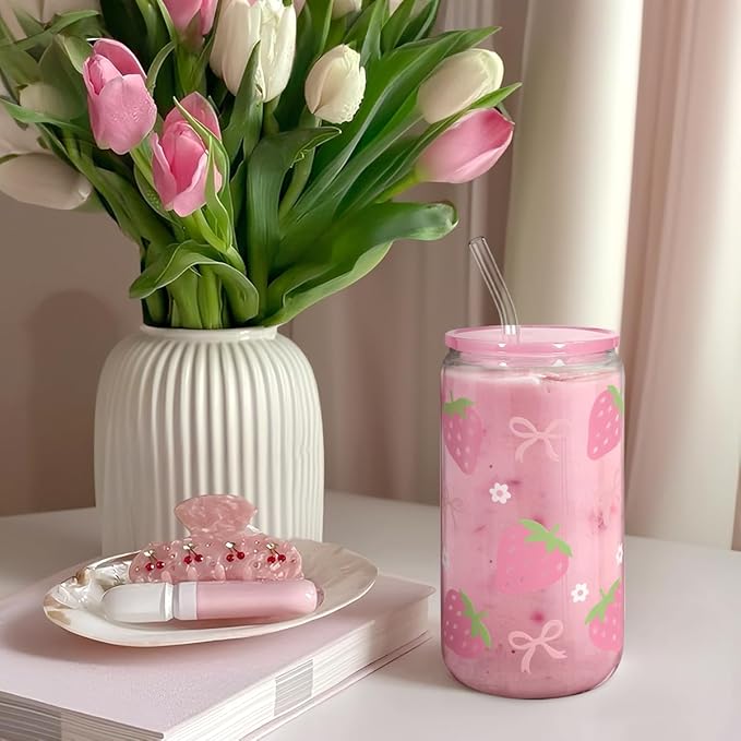 SANDJEST Strawberry 16 Oz Can Glass Tumbler with Acrylic Lid and Straw - Iced Coffee Cups for Women, Aesthetic Glass Cup Gift for Birthday Christmas